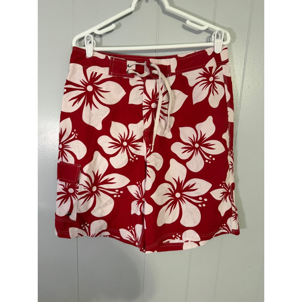 Unbranded Board Shorts Mens 34 Red‎ Hibiscus Floral Tropical Cargo Swim Trunks